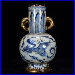 China Antique Blue white Porcelain yuan dynasty golden phoenix elephant ear vase