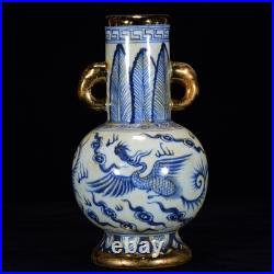China Antique Blue white Porcelain yuan dynasty golden phoenix elephant ear vase