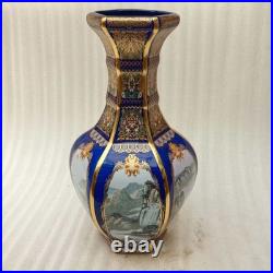 China Old Porcelain Blue background enamel landscape pattern gold edge neck vase