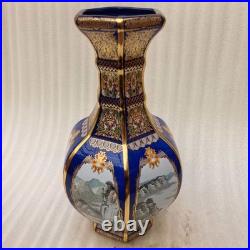 China Old Porcelain Blue background enamel landscape pattern gold edge neck vase