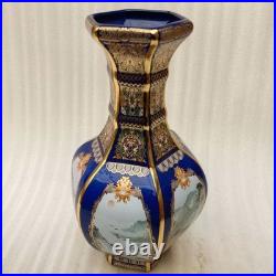 China Old Porcelain Blue background enamel landscape pattern gold edge neck vase