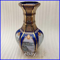 China Old Porcelain Blue background enamel landscape pattern gold edge neck vase