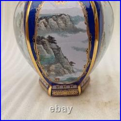 China Old Porcelain Blue background enamel landscape pattern gold edge neck vase