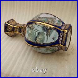 China Old Porcelain Blue background enamel landscape pattern gold edge neck vase