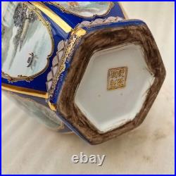 China Old Porcelain Blue background enamel landscape pattern gold edge neck vase