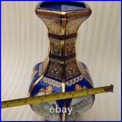 China Old Porcelain Blue background enamel landscape pattern gold edge neck vase