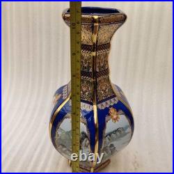 China Old Porcelain Blue background enamel landscape pattern gold edge neck vase