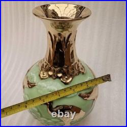 China Old Porcelain green glazed Gold color relief pine crane patterned vase