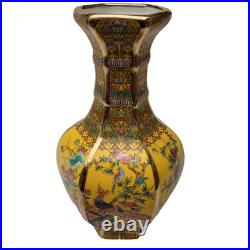 China Old Porcelain yellow Enamel Golden hexagonal flower and bird pattern Vase
