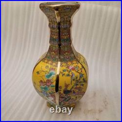 China Old Porcelain yellow Enamel Golden hexagonal flower and bird pattern Vase