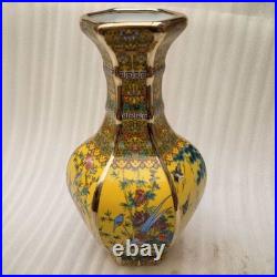 China Old Porcelain yellow Enamel Golden hexagonal flower and bird pattern Vase
