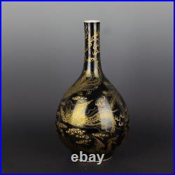 China Porcelain Qing Dynasty Kangxi Black Gold Glaze Phoenix Pattern Vase 15.66