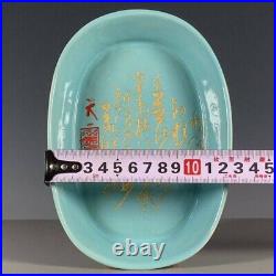 Chinese Antique Ru-Kiln Gilded Porcelain Plate With Legs Qing Blueish Dish-Mark