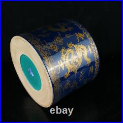 Chinese Blue glaze Porcelain Gilded Hand-Paintd Dragon Pattern Brush Pot 14790