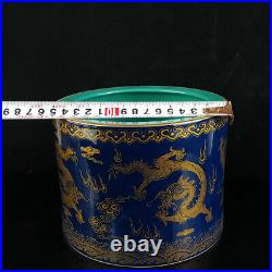 Chinese Blue glaze Porcelain Gilded Hand-Paintd Dragon Pattern Brush Pot 14790