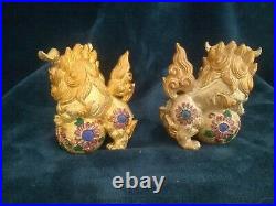 Chinese Ceramic Porcelain YellowithGold Foo Dog Guardian Lion Statue Set 2