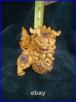 Chinese Ceramic Porcelain YellowithGold Foo Dog Guardian Lion Statue Set 2