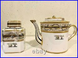 Chinese Export Armorial Porcelain Teapot and Tea Caddy Set Gold Trim
