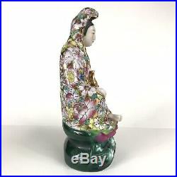 Chinese Famille Kwan Yin GuanYin Bodhisattva Goddess Lotus Porcelain Gilt Statue