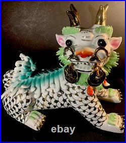 Chinese Foo Dog Dragon Male Porcelain With Gold Inlay 10 Long 9 Tall