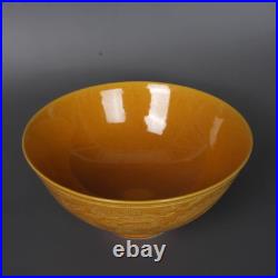 Chinese Handmade Painting Yellow Glaze Porcelain Dragon Bowl