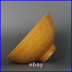 Chinese Handmade Painting Yellow Glaze Porcelain Dragon Bowl