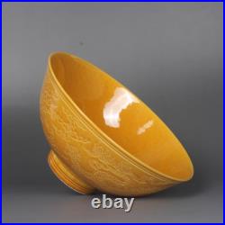Chinese Handmade Painting Yellow Glaze Porcelain Dragon Bowl
