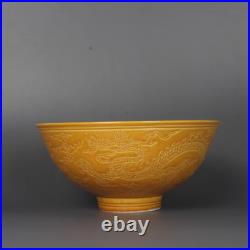 Chinese Handmade Painting Yellow Glaze Porcelain Dragon Bowl