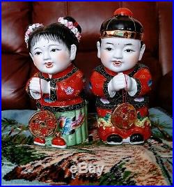Chinese Jade Girl Gold Boy Porcelain Figurine Mid Century Vintage Ornament 60s