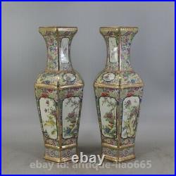 Chinese Painting Gold Colour Enamels Porcelain Hexagon Flowers Birds Bottle Vase
