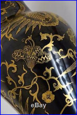 Chinese Porcelain Mirror Black Vase With Gold Gilt Phoenix Kangxi Mark 19C Qing