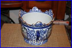 Chinese Porcelain Pottery Planter Bowl With Handles Signed Men Women Gold Trim