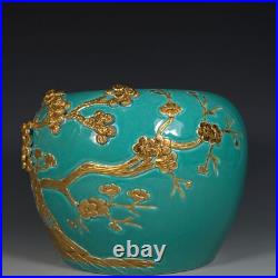 Chinese Turquoise Green Glaze Porcelain Gilded Carved Song Zhu Mei Brush Washer