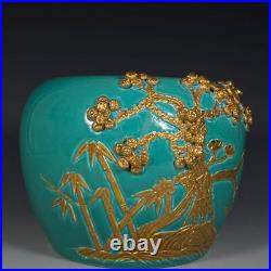 Chinese Turquoise Green Glaze Porcelain Gilded Carved Song Zhu Mei Brush Washer