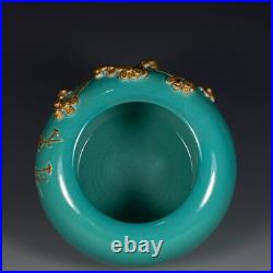Chinese Turquoise Green Glaze Porcelain Gilded Carved Song Zhu Mei Brush Washer