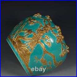 Chinese Turquoise Green Glaze Porcelain Gilded Carved Song Zhu Mei Brush Washer