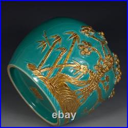 Chinese Turquoise Green Glaze Porcelain Gilded Carved Song Zhu Mei Brush Washer
