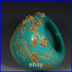 Chinese Turquoise Green Glaze Porcelain Gilded Carved Song Zhu Mei Brush Washer