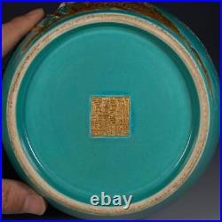 Chinese Turquoise Green Glaze Porcelain Gilded Carved Song Zhu Mei Brush Washer