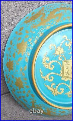 Chinese antique ming turquoise gold dragon porcelain dish