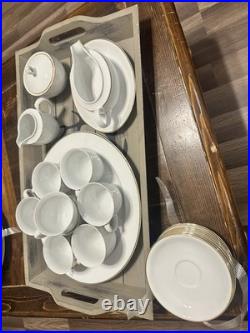 Christopher Stuart Ambassador White Gold Trim Fine China 47 Pc Dinner Set