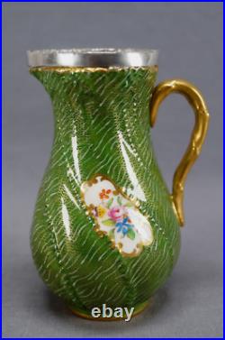 Coalport Floral Green & Gold Creamer & Sugar B & F Birmingham Sterling Rims