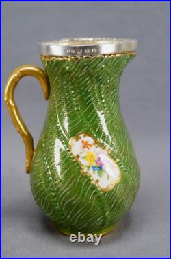 Coalport Floral Green & Gold Creamer & Sugar B & F Birmingham Sterling Rims