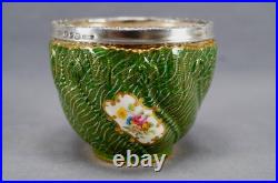 Coalport Floral Green & Gold Creamer & Sugar B & F Birmingham Sterling Rims