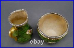 Coalport Floral Green & Gold Creamer & Sugar B & F Birmingham Sterling Rims