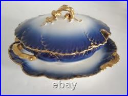 Cobalt Blue Limoges Covered Sauce Gravy Bowl w Attached Underplate Gilt Handles
