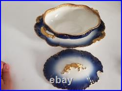 Cobalt Blue Limoges Covered Sauce Gravy Bowl w Attached Underplate Gilt Handles