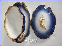 Cobalt Blue Limoges Covered Sauce Gravy Bowl w Attached Underplate Gilt Handles