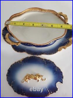 Cobalt Blue Limoges Covered Sauce Gravy Bowl w Attached Underplate Gilt Handles