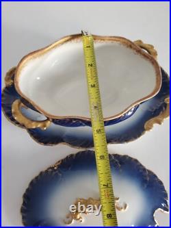 Cobalt Blue Limoges Covered Sauce Gravy Bowl w Attached Underplate Gilt Handles